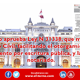 Congreso aprueba Ley N 31338, que modifica el Código Civil, facilitando el otorgamiento de testamento por escritura pública, y la ley del notariado.